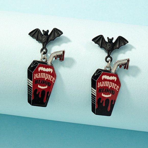 DESIGNER GOTH DRACULA VAMPIRE BLOOD BLACK BAT & COFFIN DANGLE EARRINGS**NEW! - Picture 3 of 3